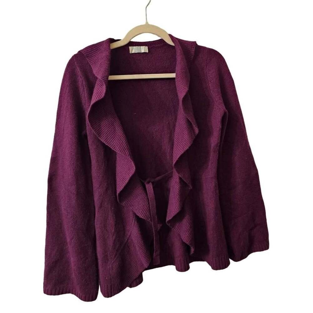 Malika 100% Cashmere Cardigan Women Purple Ruffle Open Front Tie Sweater